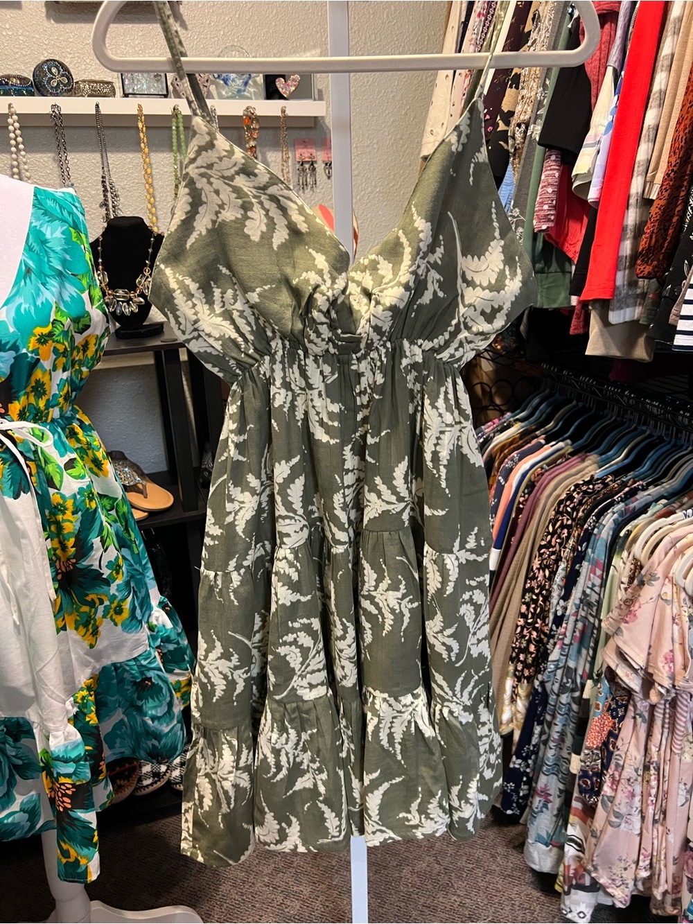 Sacred Threads Olive & White Floral Tiered Spaghetti-Strap Dress